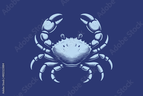 Crab. vintage vector engraving illustration. Sketch, emblem. Isolated object. On a blue background.