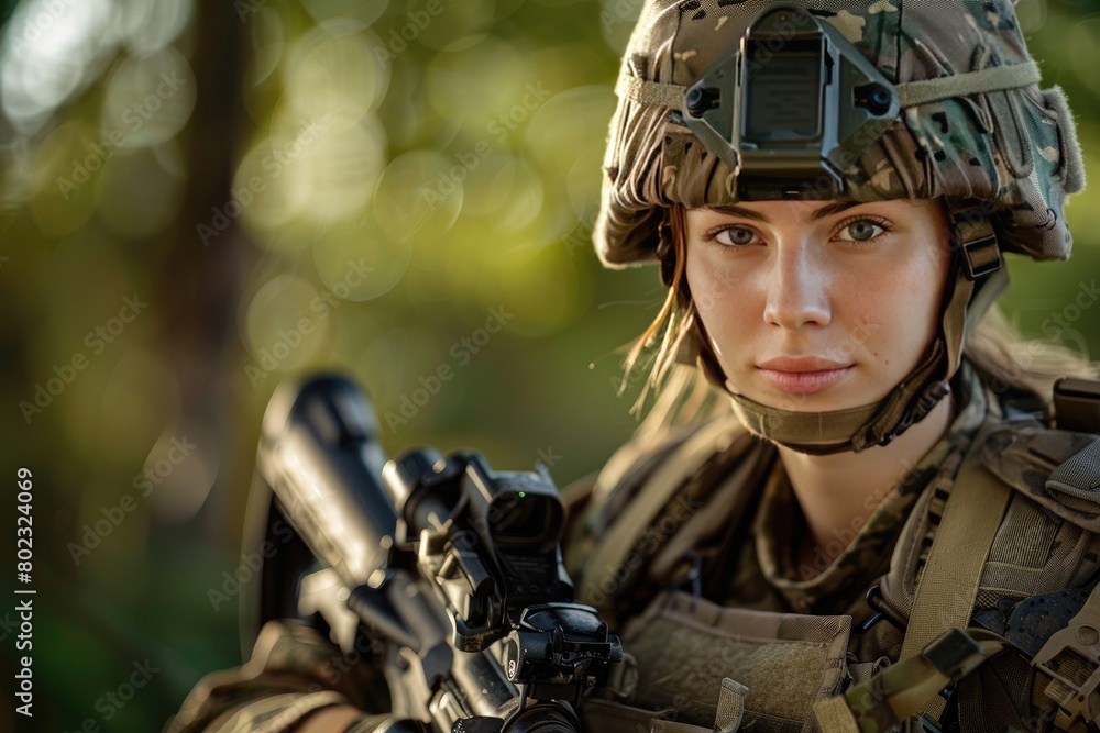 Naklejka premium Sentinel of Strength: A Woman Warrior Wielding Rifle