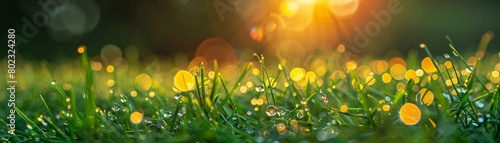 Clear morning dew on vibrant green grass perfect for fresh and soothing nature backgrounds