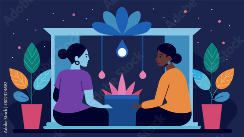 Two friends sit inside a Legacy Story Booth tears streaming down their as they listen to a recording of an emotional conversation between one of their. Vector illustration