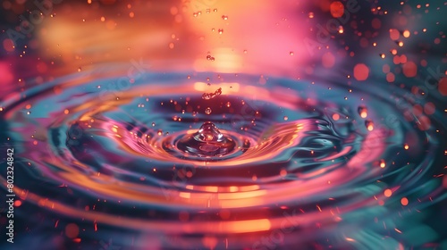 A close-up of a water droplet  surrounded by a radiant  multi-hued aura