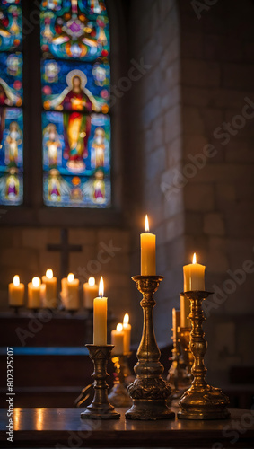 Candlelit church altar, symbolizing hope and spirituality against a backdrop of sacred space.