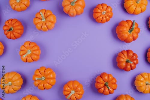 Top view orange pumpkins on a purple background, banner