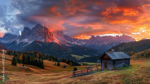 Tranquil sunrise in italian dolomite alps with charming wood house amidst majestic mountain peaks