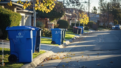 Blue trash can in a residential area © Jang