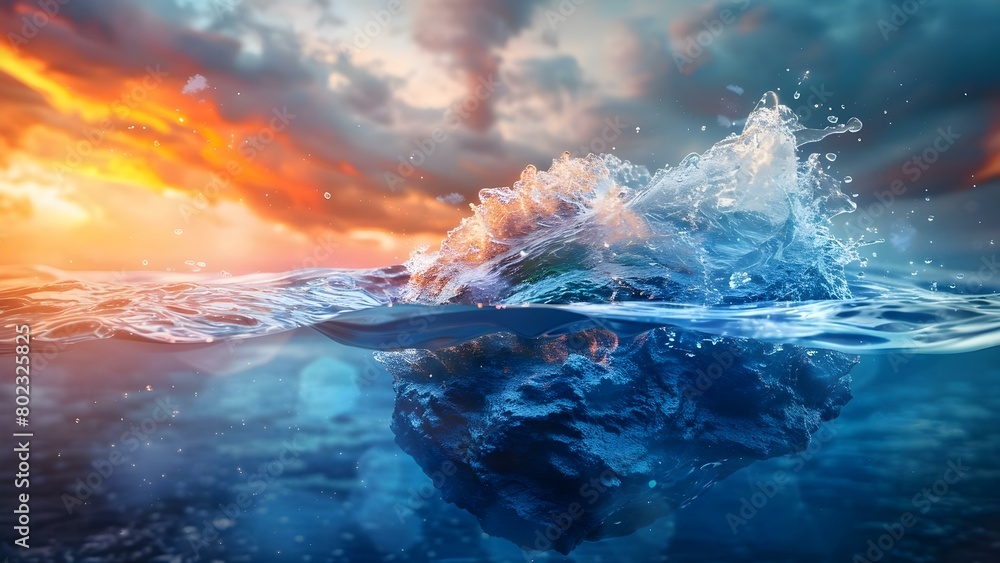 3D image of Earth sinking in water due to rising sea levels. Concept Climate Change, Environmental Impact, Sea level rise, Global Warming, Earth Conservation