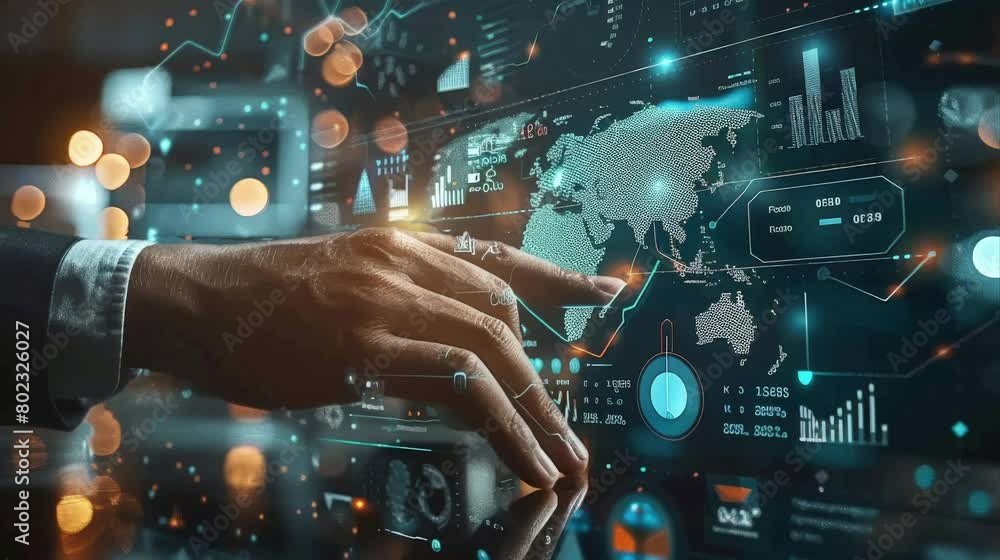 Focused businessman interacting with a global data visualization interface, tracing economic trends across a digital world map. Focused businessman interacting with a global data visualization interface, tracing economic trends across a digital world map.
