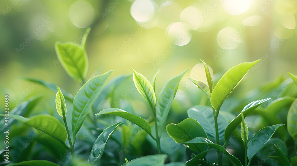 Closeup view of Green tea leaves at early morning in the forest. Closeup view of Green tea leaves at early morning in the forest.