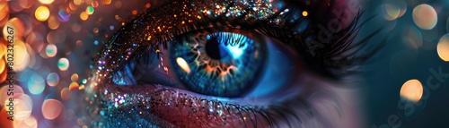 3D closeup of a human eye enhanced with sparkling glitter on the eyelids, illuminated by moody, atmospheric lighting, photo