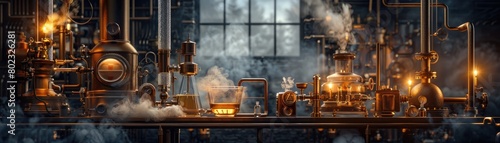 A 3D depiction of steam distillation equipment for essential oils, with a dark, dramatic lighting setup illuminating the process from raw plant to oil, photo