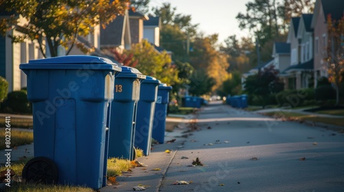 Blue trash can in a residential area