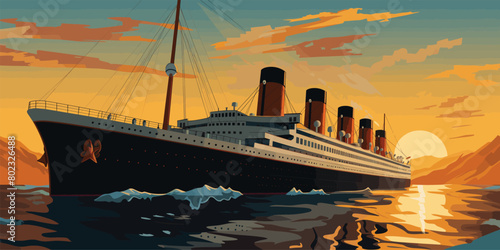 Maritime Sunset Vector Background, Iconic Ocean Liner Sailing at Golden Hour