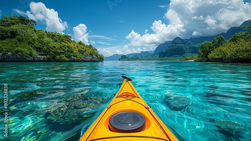 Vibrant and clear waters with a kayak moving through suitable for adventure and travelthemed wallpapers photo