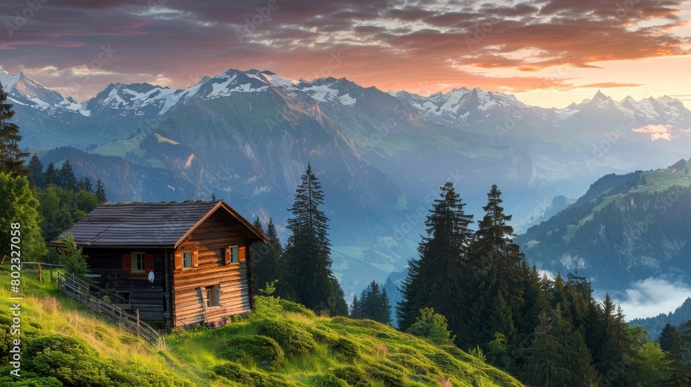 Serene sunrise over swiss mountains with charming wooden cabin in picturesque landscape