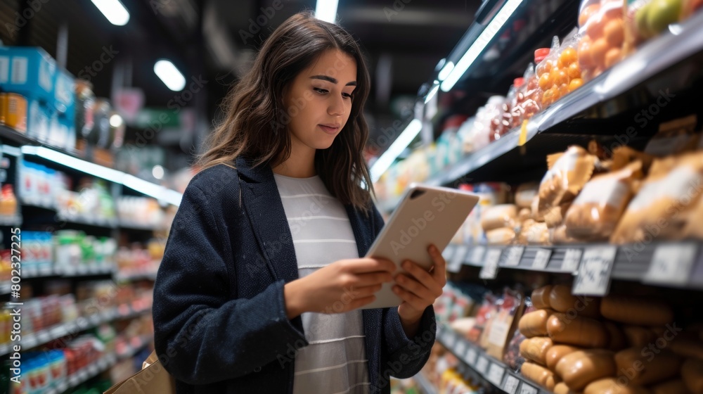 Fototapeta premium Employee worker working on foot stand in a grocery store.
