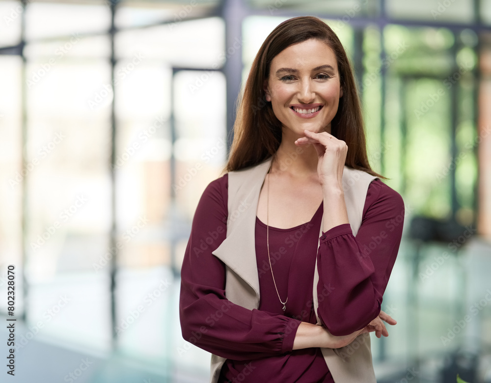Happy woman, portrait or designer with confidence in office ready for project, enterprise or business. Smile, worker and employee in workspace for entrepreneurship career, startup and opportunity Happy woman, portrait or designer with confidence in office ready for project, enterprise or business. Smile, worker and employee in workspace for entrepreneurship career, startup and opportunity