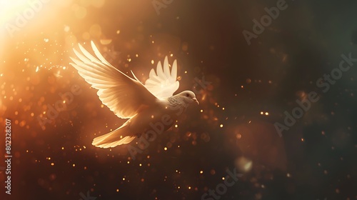 A glowing, ethereal image of a dove in mid-flight, surrounded by a peaceful aura photo