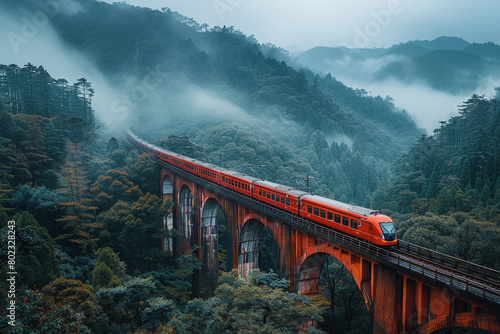 A dramatic aerial view of a bullet train crossing a towering viaduct.