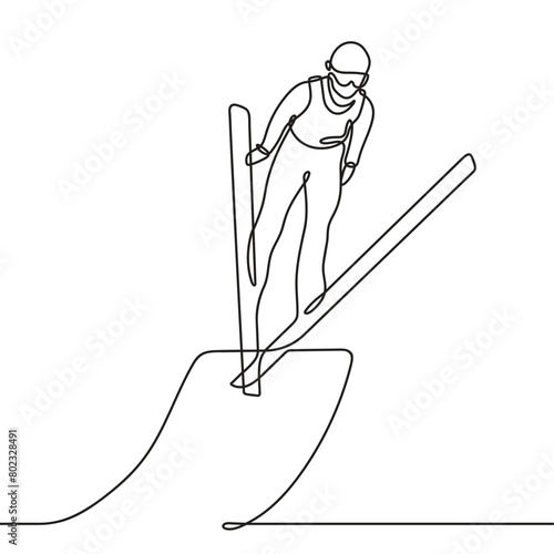 Skier athlete jumps from a springboard on skis. One line drawing. Continuous line without break.
