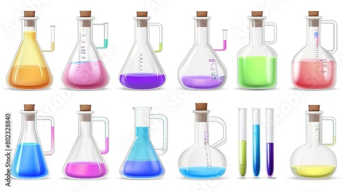 Collection of colorful liquids in various shapes of glass laboratory bottles and flasks on a light background