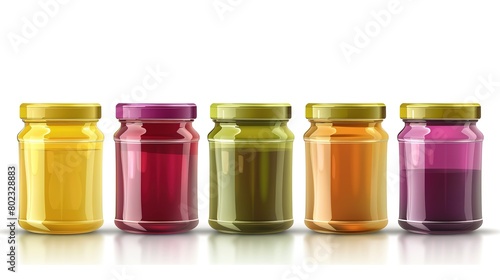 Variety of colorful jams and preserves in glass jars isolated on white background, ideal for breakfast and dessert recipes
