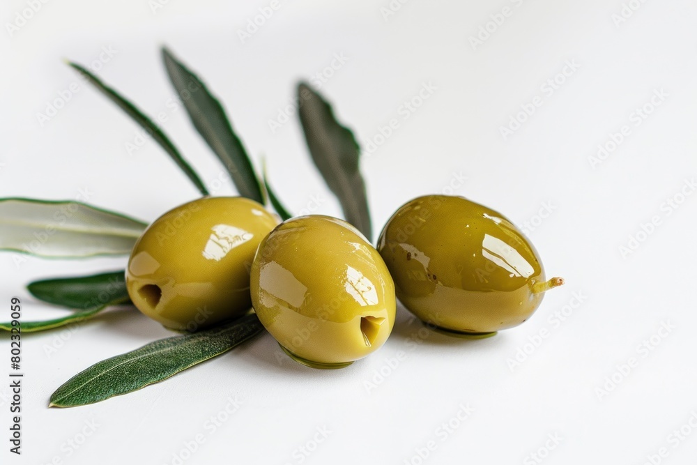 Green olives with leaves isolated on a clean white background, close-up view.
Green olives with leaves isolated on a clean white background, close-up view.