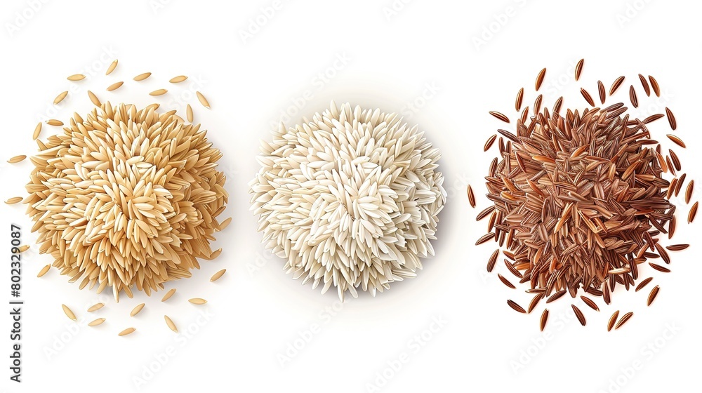 Obraz premium Varieties of uncooked rice grains presented in separate piles, including brown, white and red rice - high quality image
