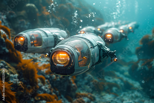 A network of underwater drones exploring the depths of the ocean, uncovering hidden ecosystems and marine life. photo