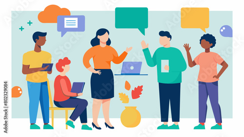 Trainees visit a community center where they learn about different forms of communication such as sign language or visual aids that may be more. Vector illustration