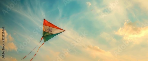 single kite flying high in the sky, colored in the Indian tricolor, with the Ashoka Chakra as its centerpiece, symbolizing freedom and the aspirations of the nation on Independence Day