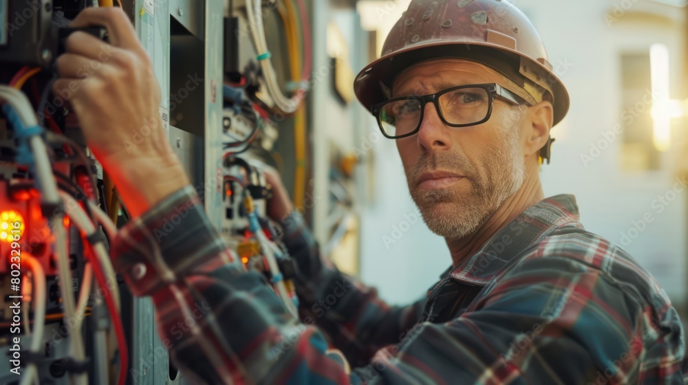 Electrician working on electrical panel Electrician working on electrical panel