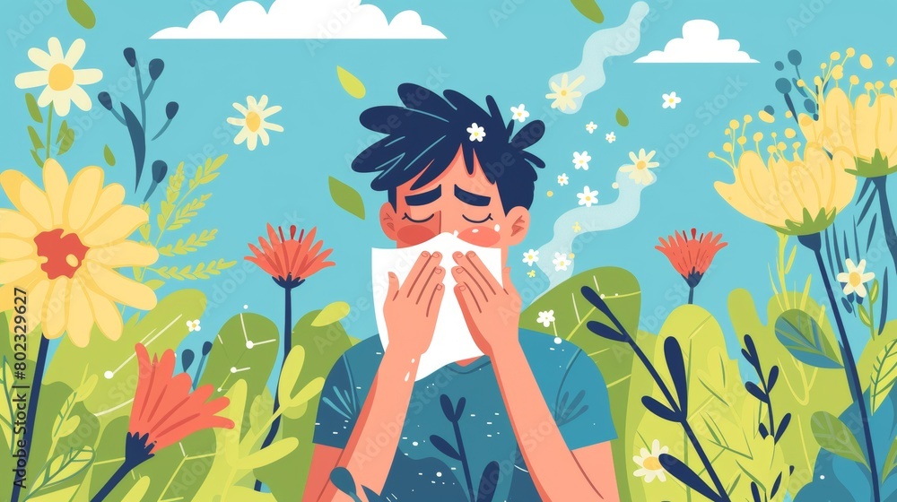 A person sneezing due to pollen allergy.