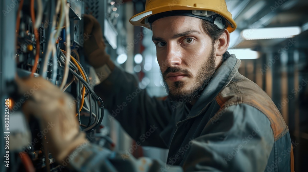 Electrician working on electrical panel Electrician working on electrical panel