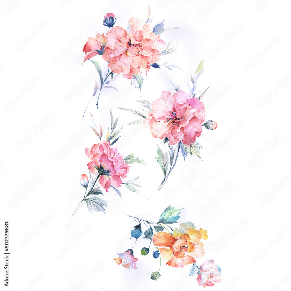 AquaFlora Hand Drawn Watercolor Flowers and Leaves Illustrations