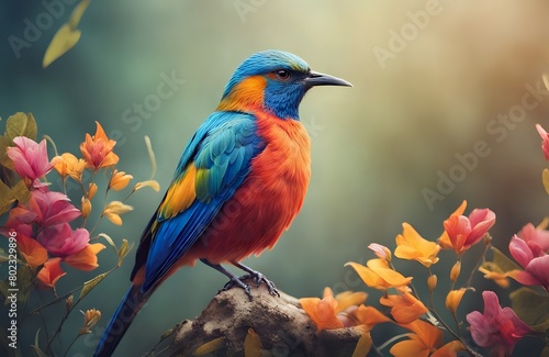 a colorful bird is sitting on a branch with orange flowers