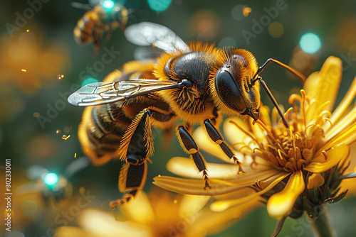 A swarm of robotic bees pollinating fields of crops, addressing concerns about declining bee populations and food security.