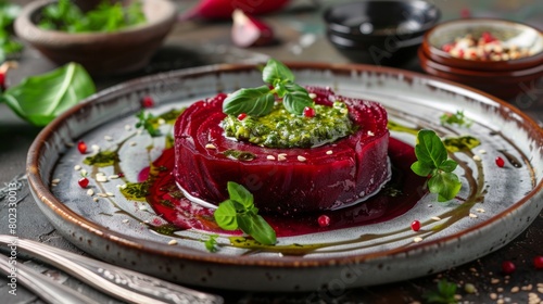 The cuisine of Belarus. Baked beetroot salad with Pesto sauce.  photo