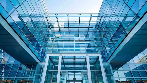 Modern industrial office building with geometric steel structure and glass door in a close-up shot. Concept Architecture, Modern Design, Industrial Building, Steel Structure, Glass Door
