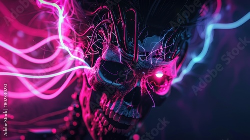 Skull head Modern cyber technology cyberpunk cyborg with neon wires wallpaper AI generated image