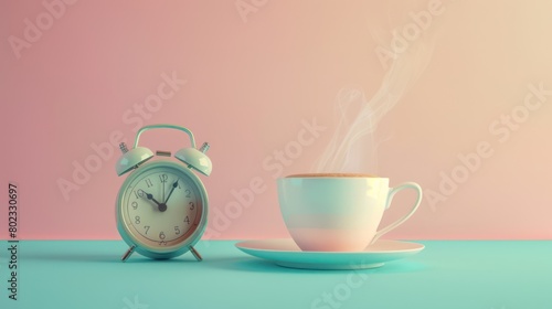 Vintage alarm clock and a cup of hot coffee