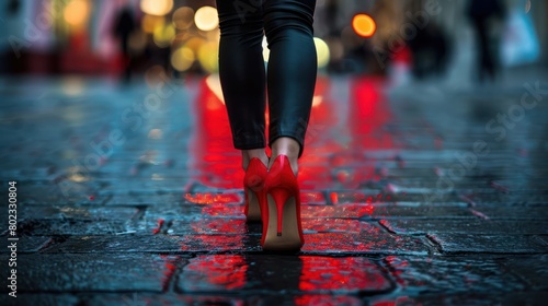 A woman is walking in black pants and red high heels. photo