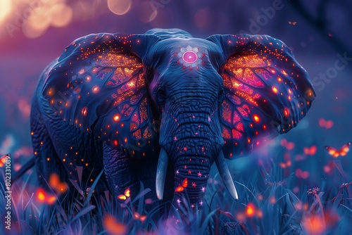 AI generated illustration of a magical indigo elephant with butterfly ears, chakra, mystical
