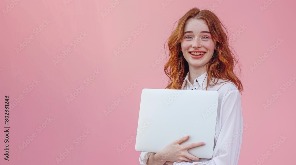 Smiling Woman Holding Laptop