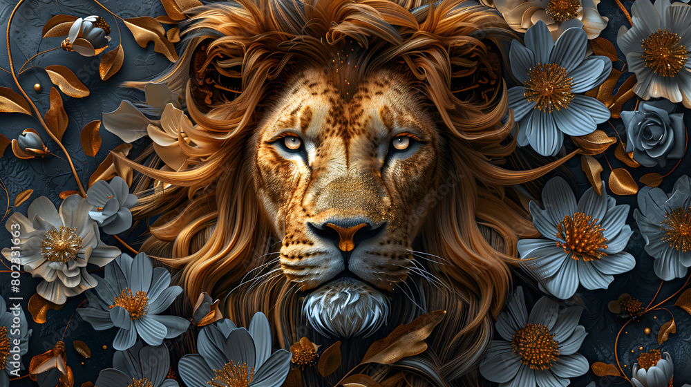 A majestic golden lion's face surrounded by delicate silver flowers, captured in a regal portrait style, vibrant colors contrasting with metallic accents. A majestic golden lion's face surrounded by delicate silver flowers, captured in a regal portrait style, vibrant colors contrasting with metallic accents.