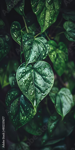 Folhas verdes com gotas de água