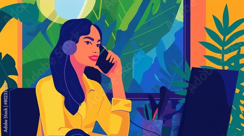 Woman with phone calling to customer support service Operator of online consulting center during consultation with client Colored flat vector illustration of online helpdesk or hotline