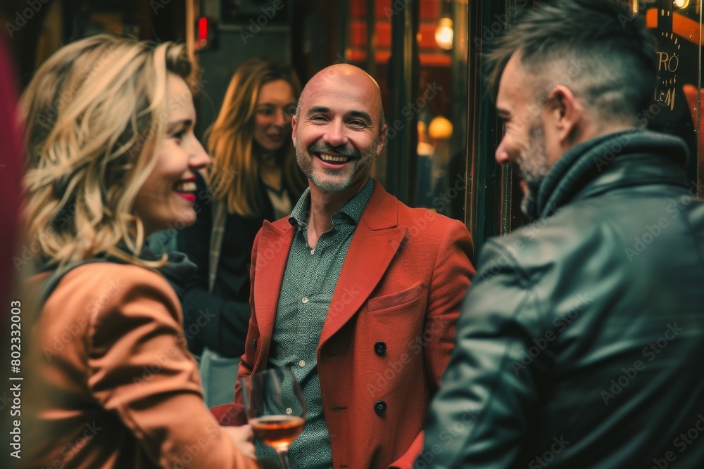 Group of friends having fun together in a pub - Cheerful people bonding outdoors