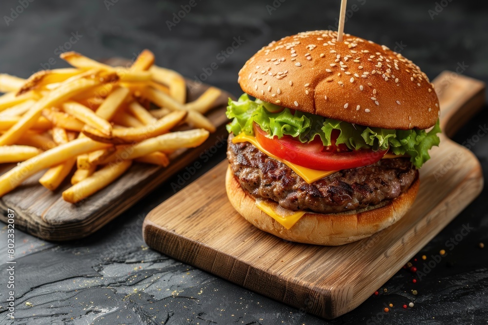 A tempting photograph of a giant hamburger, packed with layers of beef, melted cheese, and crisp, fresh vegetables.
A tempting photograph of a giant hamburger, packed with layers of beef, melted cheese, and crisp, fresh vegetables.