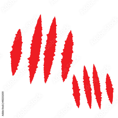Animal claw scratches and marks. Set. Black and red bloody silhouettes and outline. Icon, flat. Vector isolated on white background. Scratches from a cat, tiger, lion, dog, jaguar, bear, puma, leopard