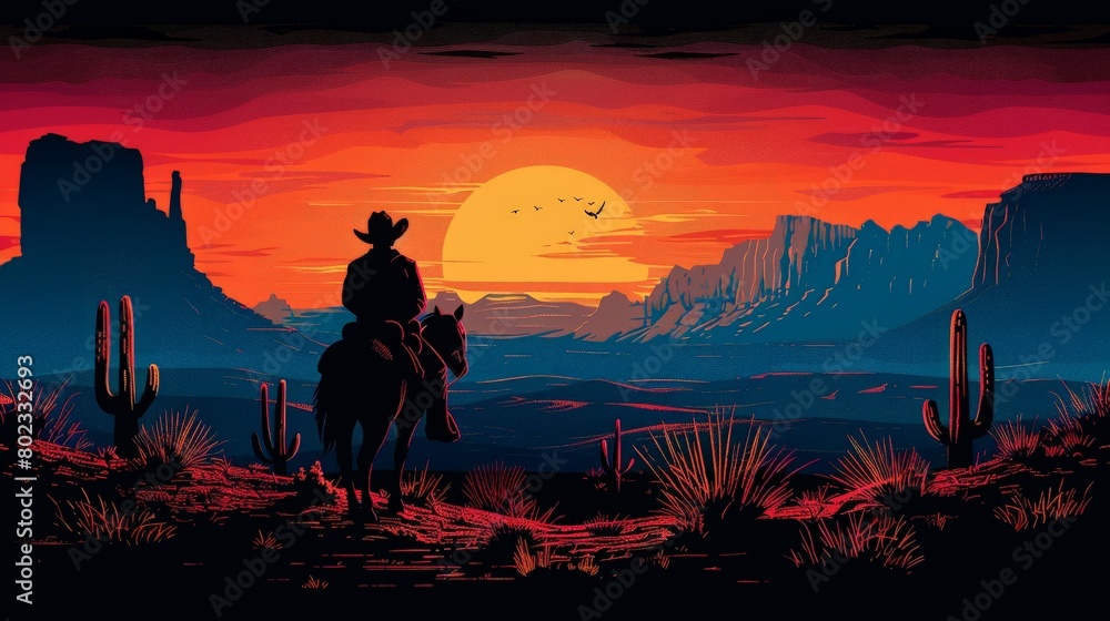 A cowboy rides into the sunset on a horse.